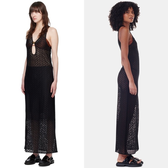 NWT GANNI Sheer Lace V-Neck Gold Butterfly Logo Clasp Sleeveless Maxi Dress L - Picture 4 of 13